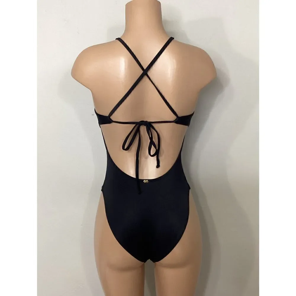 New. Pilyq LACE front with black lace trim swimsuit. Run small